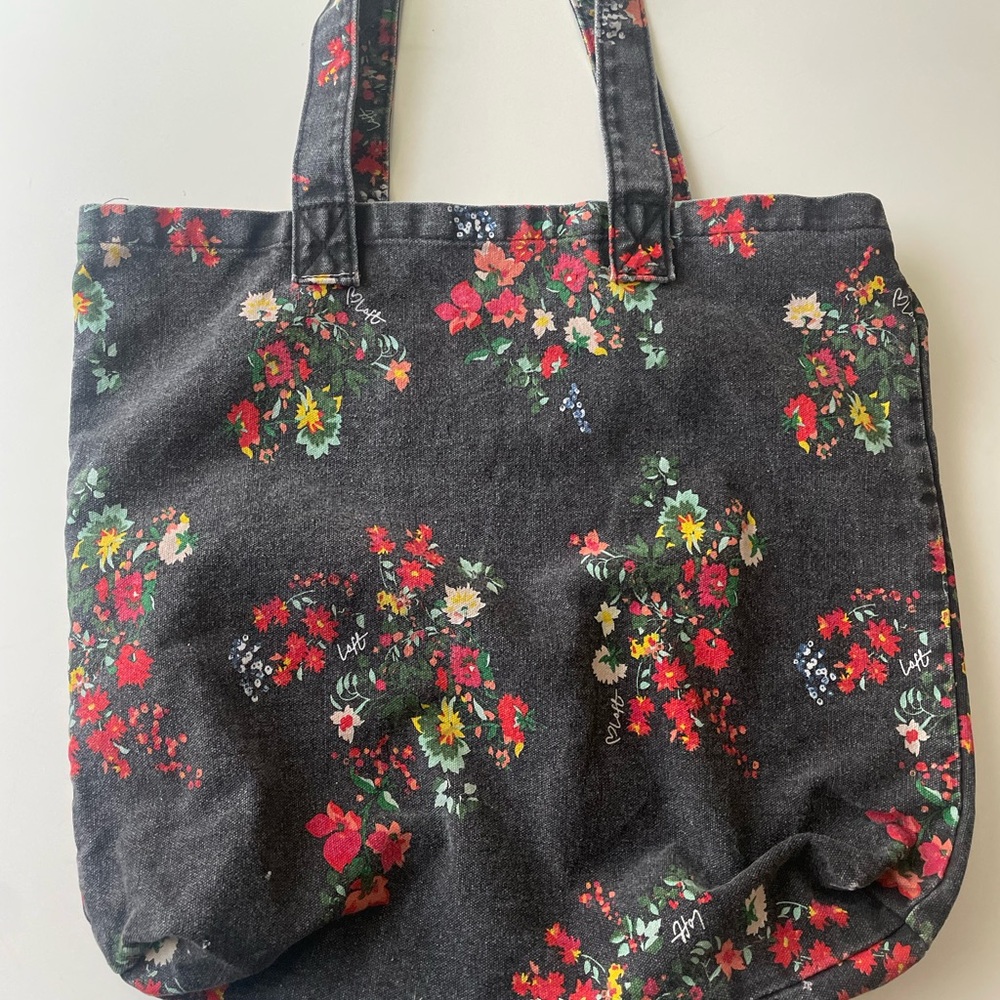 LOFT Black Canvas Tote with Multicolor Floral Print